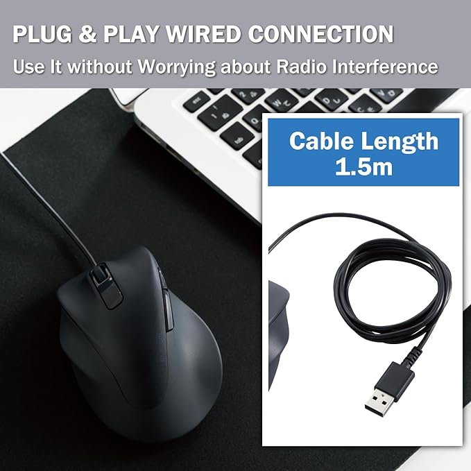 ELECOM Left Hand Wired USB Ergonomic Shape Mouse, Silent Click, 2000DPI, 5 Buttons, Optical Sensor, Compatible with PC, Mac, Laptop, EX-G, Msize Black (M-XGM31UBSKBK)
