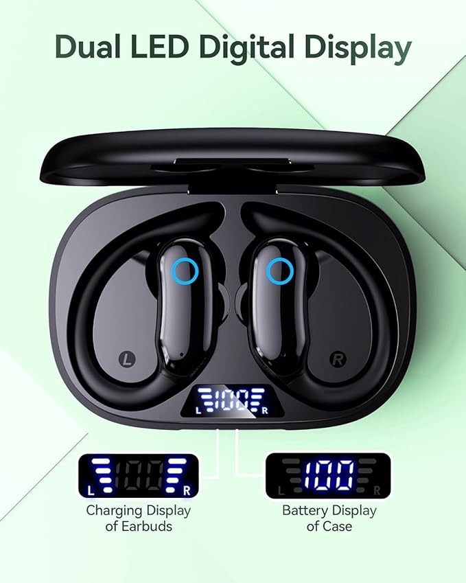 Active Noise Cancelling Ear Buds Wireless Earbuds 96hrs Playback Bluetooth Headphones Dual Battery Display Stereo Bass Earphones with Earhooks Microphone IPX7 Waterproof for Sports/Workout