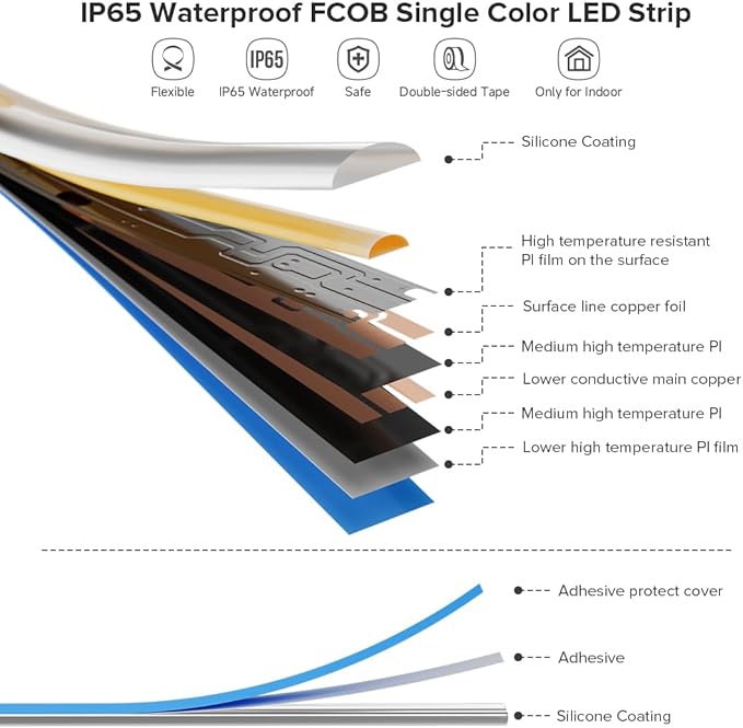 16.4FT IP65 Waterproof COB LED Strip 3000K 480LEDs/m Flexible High Density Uniform Bright LED Lights 9W/m, Dimmable 8mm DC24V COB Strips for Home Indoor Decoration, NO Power and Controller