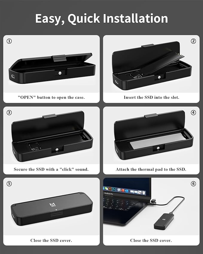 M.2 NVMe SSD Enclosure USB 3.2 Gen 2 10Gbps, Tool-Free External SSD Case Reader, Aluminum Cooling, Compatible with M&M+B Key NVMe SSD, Fit 2230/2242/2262/2280 (Black)