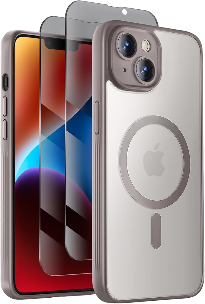 Symcele Designed for iPhone 14 Case, Compatible with MagSafe, with Privacy Screen Protectors X2, [Camera Protection] [15FT Military Drop Protection] Shockproof Phone Case, 6.1", Natural Titanium