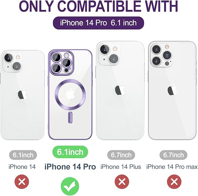 Hython Magnetic Clear for iPhone 14 Pro Case with Camera Lens Protector [Compatible with MagSafe] Luxury Plating Edge Slim Soft TPU Cover Protective Phone Case for iPhone 14 Pro 6.1", Light Purple