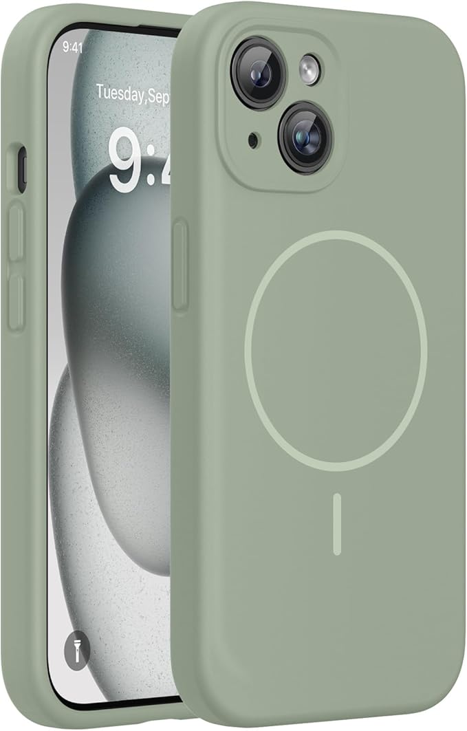 Miracase Magnetic for iPhone 15 Plus Case, [Soft Anti-Scratch Microfiber Lining], Compatible with MagSafe, Liquid Silicone Shockproof Drop Protection Phone Case for 15 Plus, Patina Green