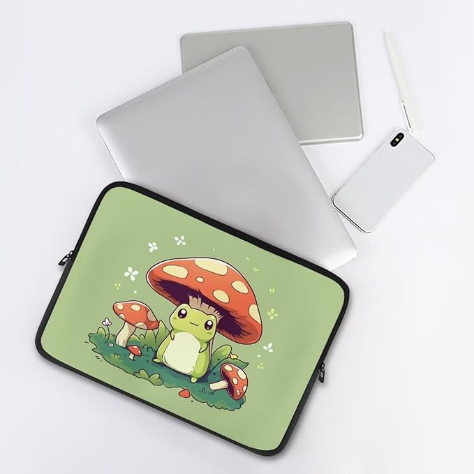 Cute Frog Laptop Protective Sleeve for Women Men 10 Inch Computer Sleeve Neoprene Laptop Bag Mushroom Lap Top Case Suitable for Travel School Office Organizers Green