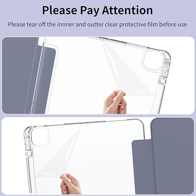 Clear Case for iPad Pro 12.9 inch 6th/5th/4th/3rd Gen with Pencil Holder [Support Pencil Charging] Auto Wake/Sleep, Lightweight Shockproof Trifold Stand Transparent Hard PC Back Cover, Purple-2