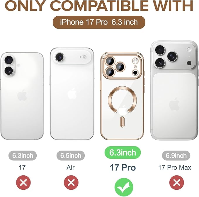 Hython Magnetic Clear for iPhone 17 Pro Case with Camera Lens Protector [Compatible with MagSafe] Luxury Plating Edge Slim Soft TPU Cover Protective Phone Case for iPhone 17 Pro 6.3", Desert Brown