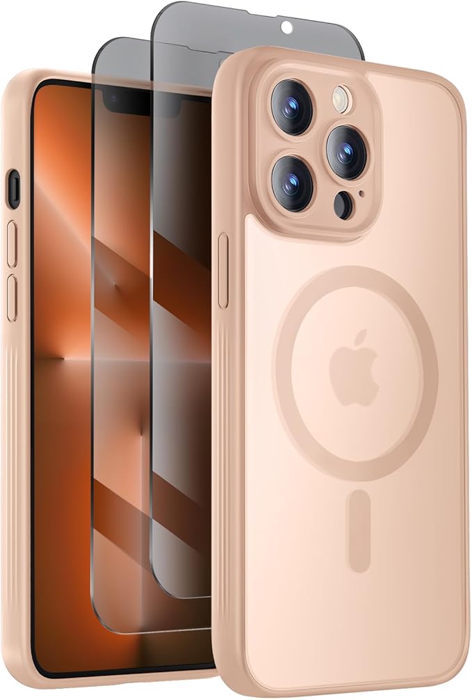 Symcele Designed for iPhone 13 Pro Max Case, Compatible with MagSafe, with Privacy Screen Protectors X2, [Camera Protection] [15FT Military Drop Protection] Shockproof Phone Case, 6.7", Light Brown