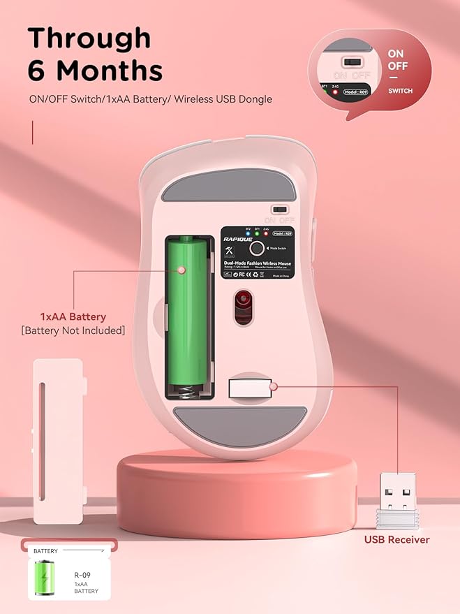 RAPIQUE Bluetooth Wireless Mouse - Dual Bluetooth & 2.4 GHz USB Receiver, Ergonomic Design, Quiet Clicks, Low Power - Multi-Device Compatibility for MacBook, Laptop, Computer, iPad Air/Pro (Pink)
