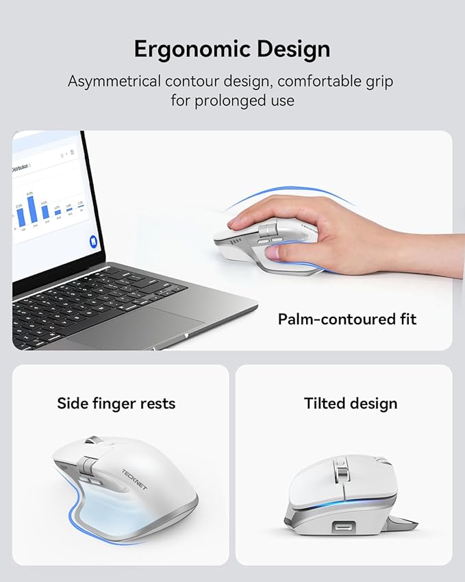 TECKNET Wireless Mouse, Bluetooth Mouse (BT5.3/5.0 & 2.4G) Rechargeable Ergonomic Optical Mouse with 6 Adjustable DPI, Side Scroll, Quiet Clicks, USB A Receiver, 7 Buttons, Wide Compatibility - White