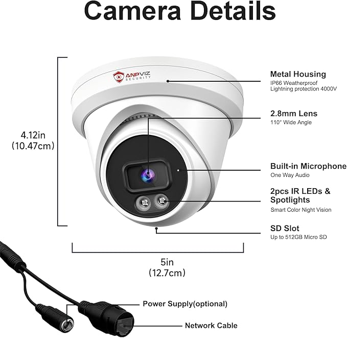 Anpviz 5MP PoE IP Camera, Smart Color Night Vision 100ft, Human & Vehicle Detection,Built-in Mic, 512GB SD Slot, PoE Security Camera Outdoor Indoor, IP66, NDAA Compliant (U Series)