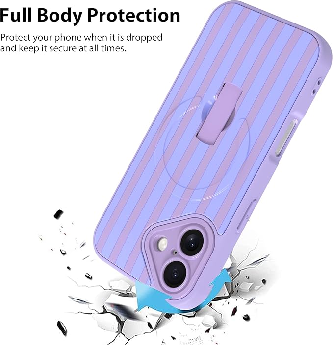 KANGHAR Compatible with iPhone 16 Case, Support for MagSafe, Silicone Stripes Cute Pattern, Wristband Kickstand Camera Protection Soft Slim Cover for Girls Women -Purple