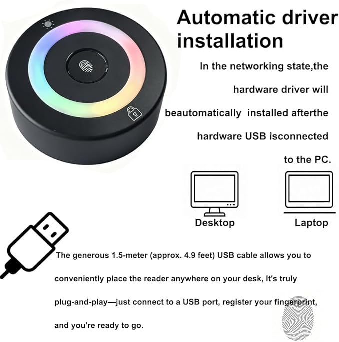 USB Fingerprint Reader Fingerprint for Windows10/11, Tap and Go with 360° Touch with 5ft Extension Cable-Windows Password Free Operation Windows Hello Automatic Driver Installation