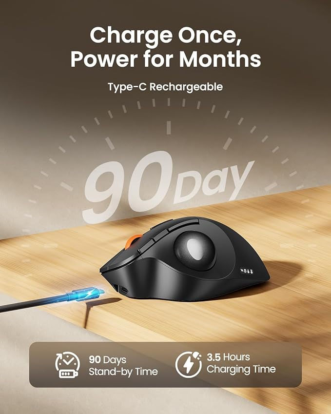 ProtoArc Wireless Bluetooth Trackball Mouse, EM02 Two Adjustable Angle Ergonomic Rechargeable Computer Ball Mouse, 3 Device Connection, Thumb Control and Smooth Tracking for Laptop, PC, Mac-Gray