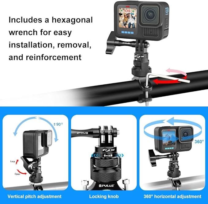 PULUZ 360 Degree Rotation Motorcycle Bicycle Rack Mount Holder, Aluminum Handlebar Mount Compatible with GoPro Hero 13/12/11/10/9/8/Max, DJI Osmo Action 5Pro/4/3, Insta 360 X5/X4/X3/Ace Pro 2/Pro/Ace