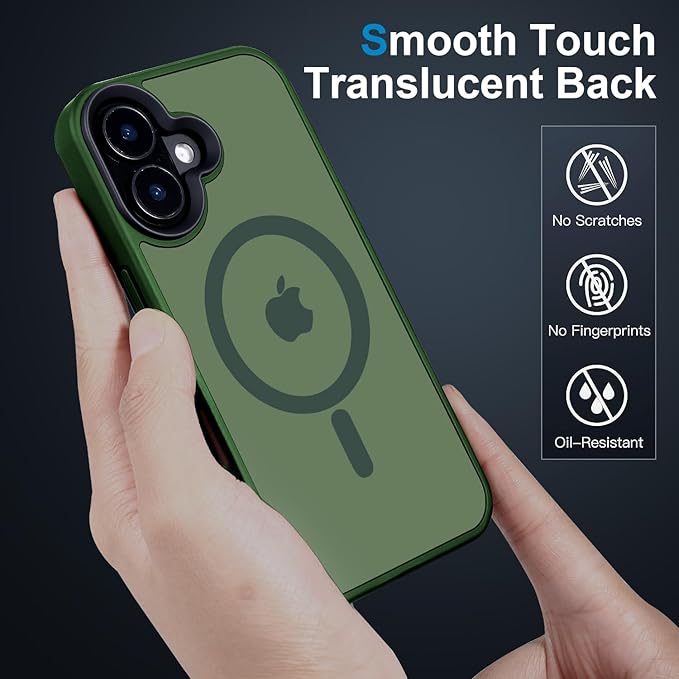 Powerful Magnetic Case for iPhone 16 Case [5X-Grade Drop Tested & Compatible with MagSafe] Translucent Anti-Fingerprint Shockproof Protective Cover 6.1 Inch, Alpine Green