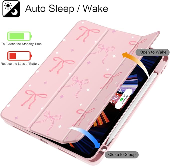 Tuiklol for iPad Pro 12.9 Inch 6th/5th/4th/3rd Generation 2022 2021 2020 2018 Case,Built-in Pencil Holder Clear Transparent Protective Back Shell Cover with Auto Sleep/Wake, Pink Bows