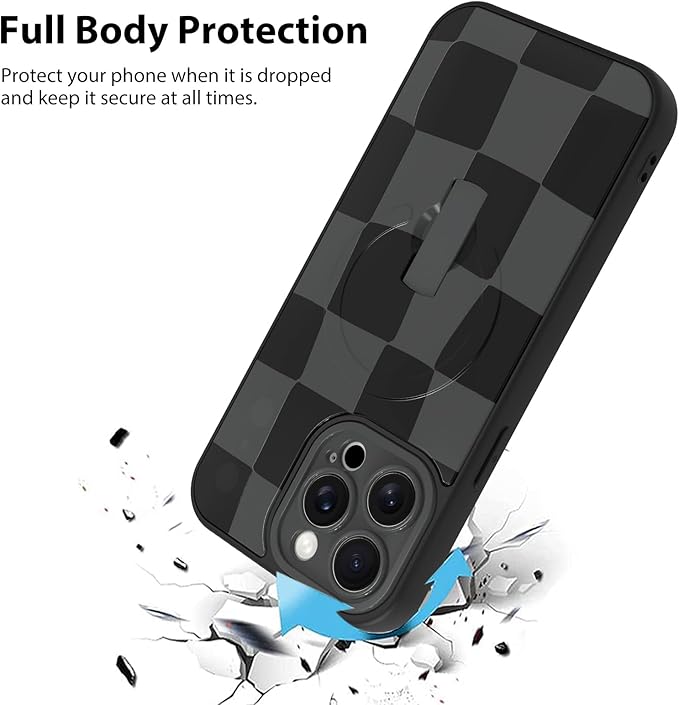 KANGHAR Compatible with iPhone 15 Pro Case, Support for MagSafe, Silicone Checkered Cute Pattern, Wristband Kickstand Camera Protection Soft Slim Cover for Girls Women -Black