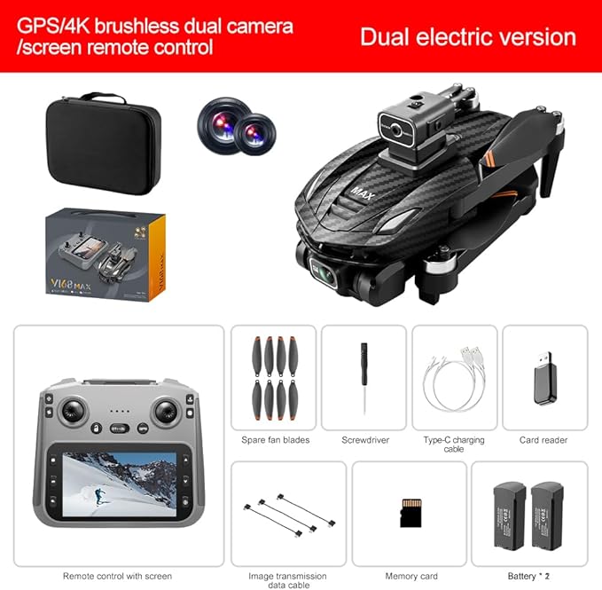 GPS Drone with 4K Dual Cameras & 4.5in Large-Screen Remote - Infrared Obstacle Avoidance, LED Night Lights, Brushless Motors, 2 Rechargeable Batteries, Wi-Fi FPV Real-Time Transmission, Hovering Altitude Hold Mode, GPS Auto Return & Follow Me Mode - Fo...