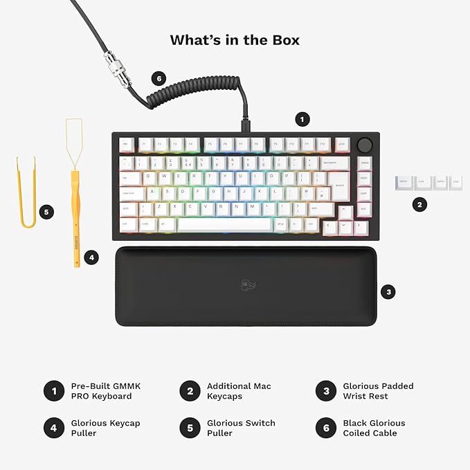 GLORIOUS Gaming GMMK PRO 75% - Modular Mechanical Gaming Keyboard, TKL Size, 1.5kg Frame, Fox Switches, Fully Customizable, Coiled Cable, Wrist Rest, White PBT Keycaps, RGB, QWERTY - Black