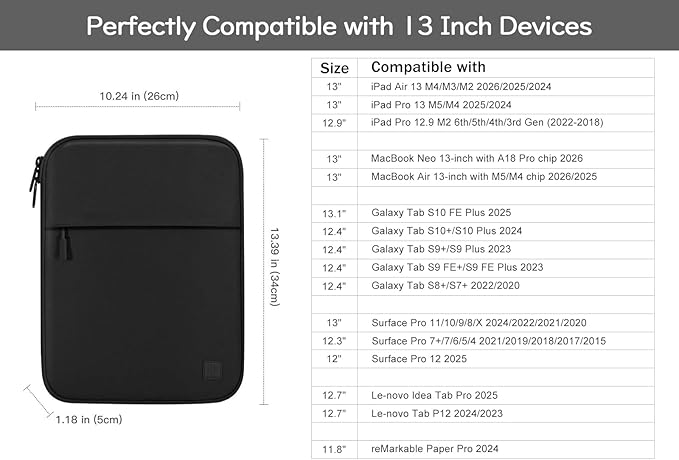 Dadanism 13 Inch Tablet Sleeve Padded Carrying Case for New iPad Air 13" M4/M3 2026/2025, iPad Pro 13" M5/M4 2025/2024, Galaxy Tab S10+/S9 FE+/S9+ 12.4", Remarkable Paper Pro 11.8", Black