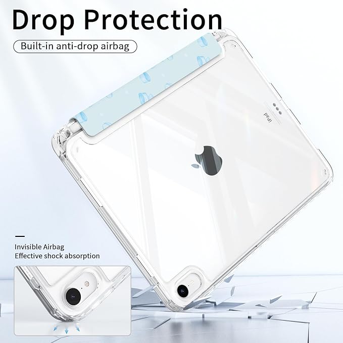 Case for iPad 11th Generation A16 Chip (2025), iPad 10th Generation (2022) Case Blue Bow, Protective Slim Clear Back Cover with Pencil Holder, Trifold Sturdy Stand, Composition Book