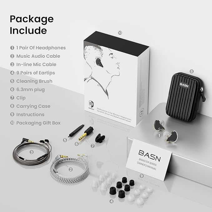 BASN in Ear Monitor Headphones, Triple Driver IEM Earphones with Powerful Bass, Noise Isolation HiFi Stereo Wired Earbuds for Musicians Singers Drummers (Sage Gray)