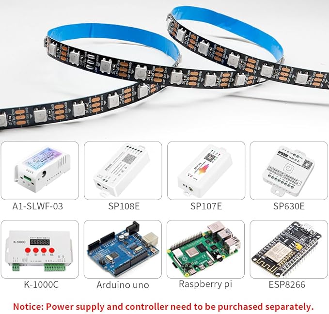 WS2812B IC RGB 5050SMD ECO Individual Addressable LED Strip Light, 16.4FT 300LED 60LED/m Flexible Full Color IP30 DC5V Black PCB for DIY Project (No Power Adapter or Controller)