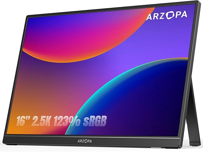 ARZOPA 16" 2.5K Portable Monitor, 2560x1600 QHD IPS Display 123% sRGB with Built-in Stand USB-C HDMI Eye Care External Second Screen for Mac Laptop Phone PS4/5 Xbox Switch -Z1RC