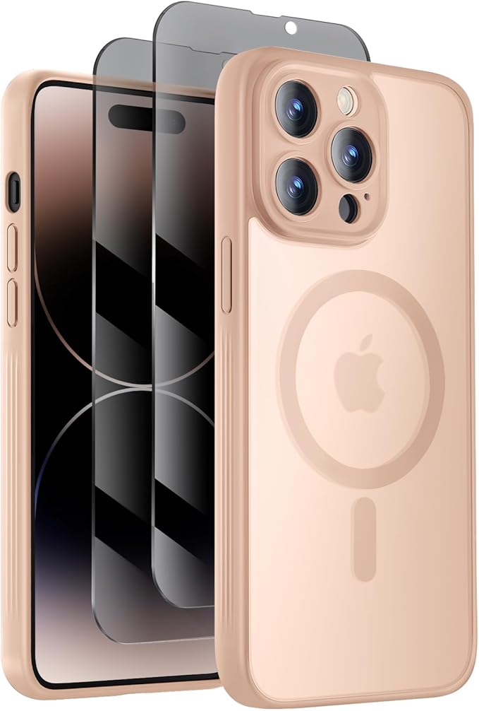 Symcele Designed for iPhone 14 Pro Case, Compatible with MagSafe, with Privacy Screen Protectors X2, [Camera Protection] [15FT Military Drop Protection] Shockproof Phone Case, 6.1", Light Brown