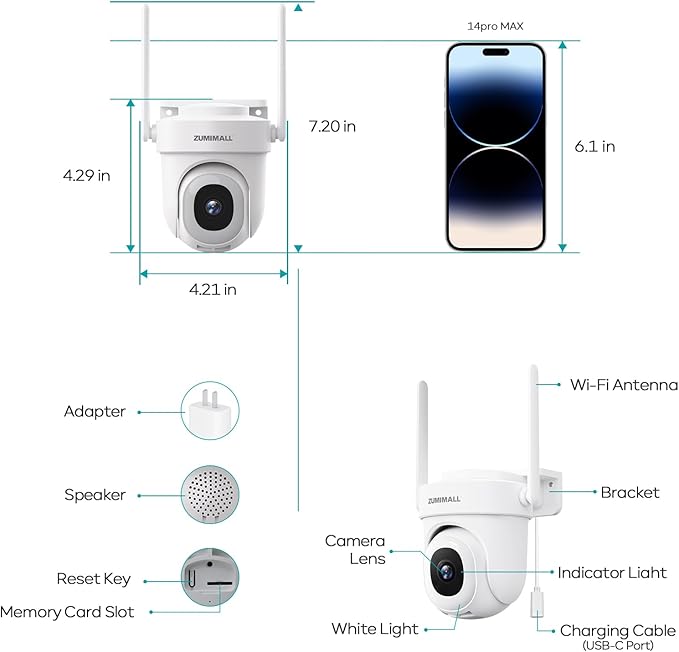 ZUMIMALL 2.5K Wired Cameras for Home Security, 2.4G/5G WiFi Outdoor Security Camera, 5MP, 24/7 Recording, AI Motion Detection, Cloud & SD Card Storage, 2-Way Audio, 360° PTZ Auto Tracking - 2-Pack