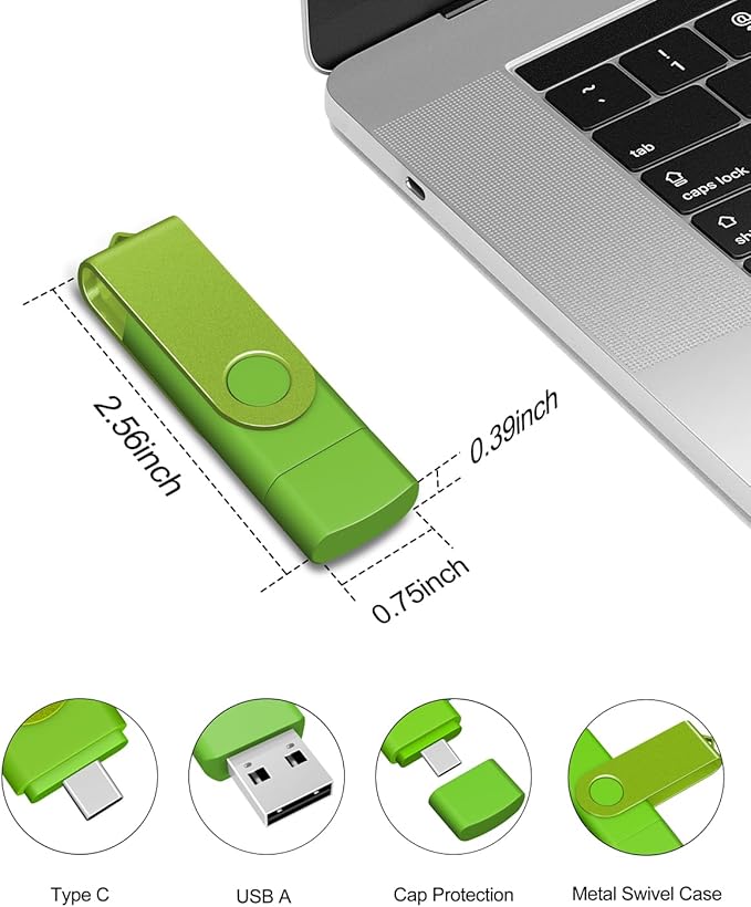 AreTop 64GB USB C Thumb Drive Dual USB 2.0 Flash Drive 64GB USB Drive Swivel Design 2-in-1 Portable Type-C Memory Stick for Android Smartphone, Computers, MacBook, Tablets, PC, 1 Pack (Green)