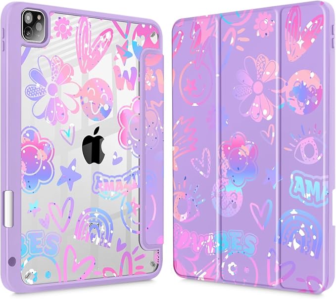 Tuiklol for iPad Pro 11 Inch 4th / 3rd / 2nd / 1st Gen (2022 2021 2020 2018) Case -Built-in Pencil Holder Shockproof Cover Clear Transparent Back Shell with Auto Wake/Sleep, Fun Emotions Purple