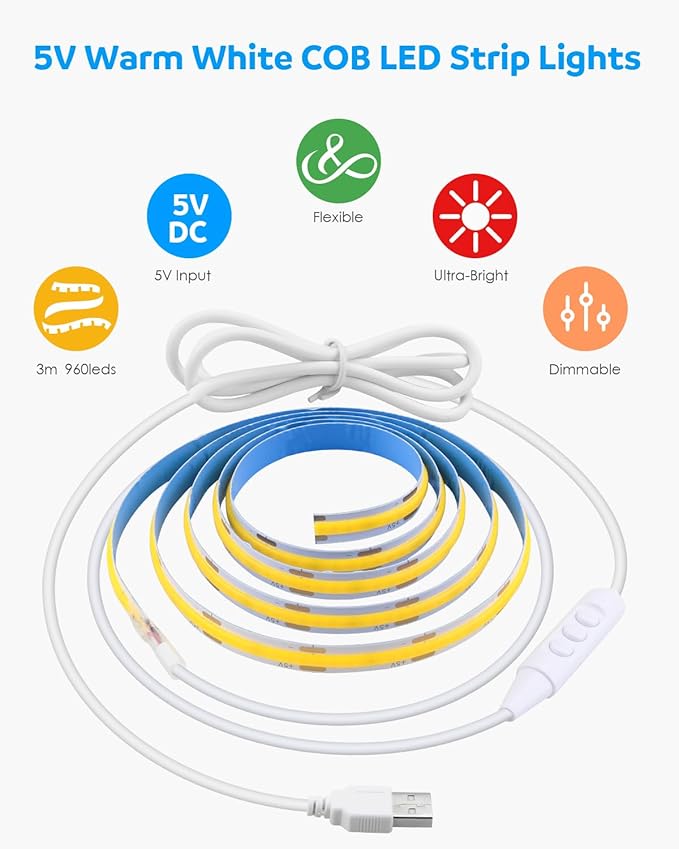 Aclorol USB COB LED Strip Lights Warm White LED TV Backlight 5V 3000K Dimmable LED Flexible Strip Light 9.84FT 960LEDS with 1.5M USB Cable for Bedroom Monitor Showcase Cabinet DIY Lighting CRI85+