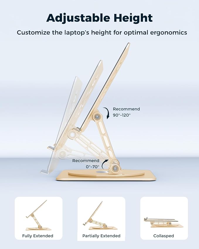 Aoviho 360° Rotating Laptop Stand for Desk | Adjustable, Foldable, Portable Aluminum Ergonomic Riser | Compatible with MacBook, Dell, HP & All Laptops 10-16 inch | Gold