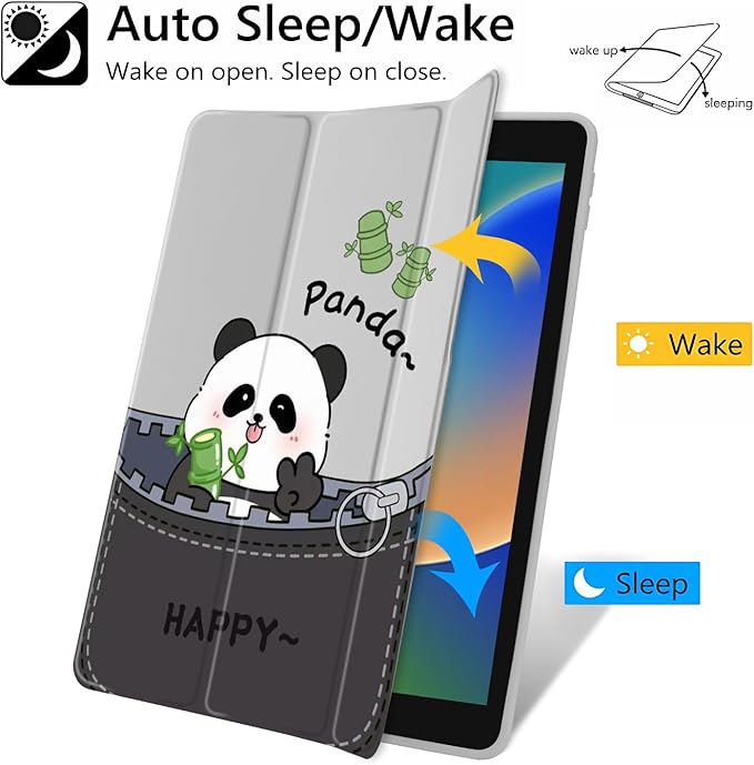JOYLAND Cute Happy Panda Case for 9.7" iPad 5th/6th Generation（2017/2018）,Clear Acrylic Hard Back Grey White Case with Pencil Holder Trifold Stand Tablet Cover (Model Number:A1822 A1823 A1893 A1954)