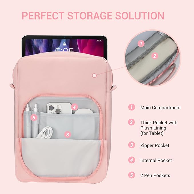 13 Inch Proctive Tablet Sleeve Bag Handle Carrying Case with Shoulder Strap Fits iPad Pro 11 inch,10th 10.9,iPad 9/8/7th Gen, Tab S8/S9 11", Pink