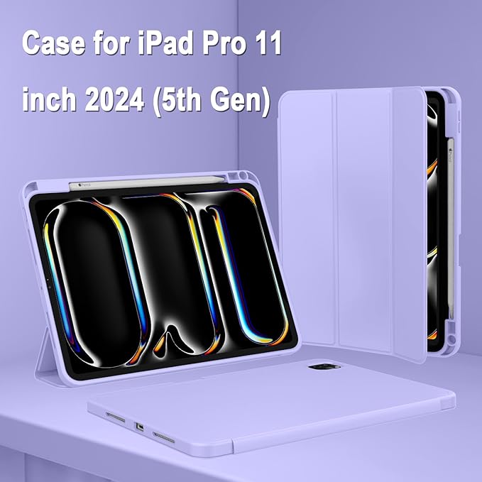 ZryXal iPad Pro 11 Inch Case (M5) 2025/ (M4) 2024 (Model: A2836/A2837/A3006), Trifold Stand Smart Cover with Pencil Holder and Soft TPU Back, Auto Wake/Sleep (Light Purple)