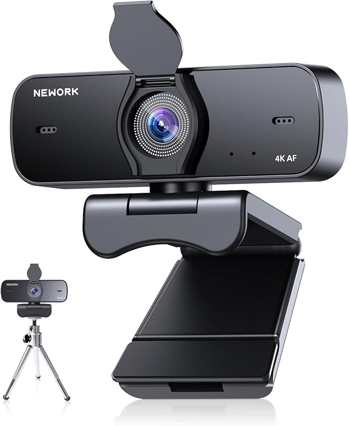 4K Webcam for PC with 2 Noise-Cancelling Microphones, Stable Auto Focus, Plug&Play Computer Camera for Online Teaching, Meetings, and Remote Communication (with Tripod)