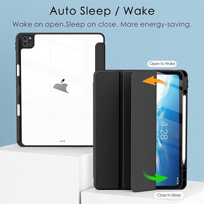 Soke Case for iPad Pro 12.9 Inch (6th/5th/4th/3rd Generation, 2022/2021/2020/2018) - Pencil Holder + Auto Sleep/Wake + Camera Protection, Transparent Shockproof Back Cover,Black