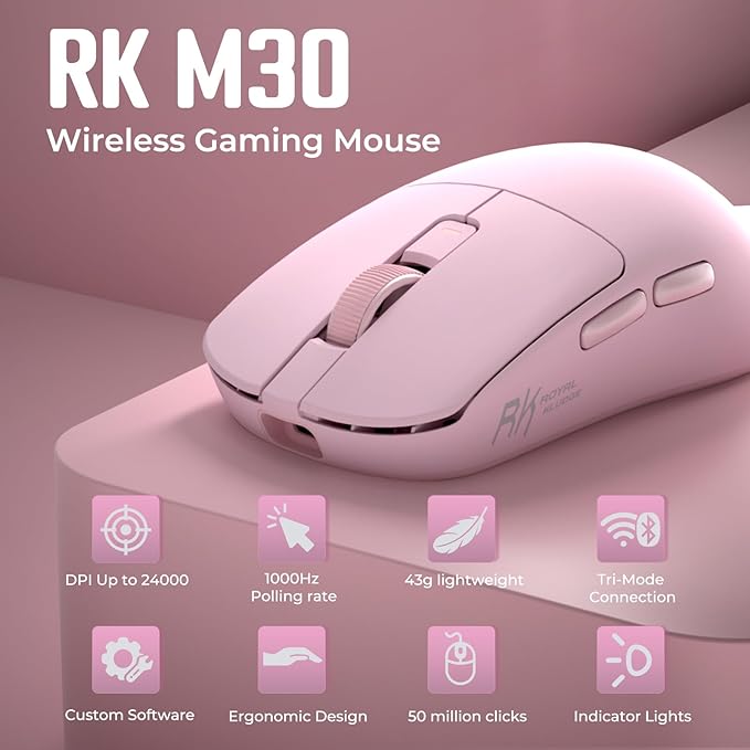 RK ROYAL KLUDGE RK M30 Wireless Gaming Mouse, 24000 DPI, 43g Ultra-Lightweight, PAW3311 Sensor, 2.4G/Bluetooth/USB-C Rechargeable Wireless Mouse with 5 Programmable Buttons for PC/Mac, Pink