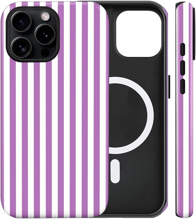 Magnetic for iPhone 15 Case Cute Stripes Phone Case, Shockproof Slim TPU and Hard PC Protective Phone Cover Compatible with MagSafe Designed for Women Girls, Purple