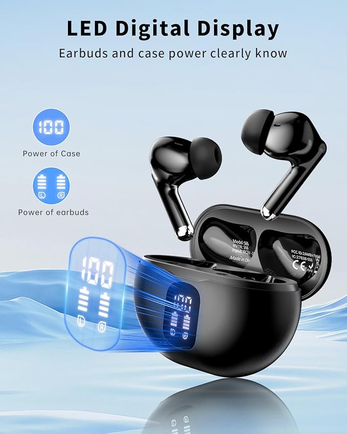 Wireless Earbuds, Bluetooth 5.4 Headphones with 50H Playback, Deep Bass Stereo Ear Buds Clear Calls with LED Power Display, IPX7 Waterproof, in-Ear Earphones with Mic for Phone/Android/iPad, Jet Black