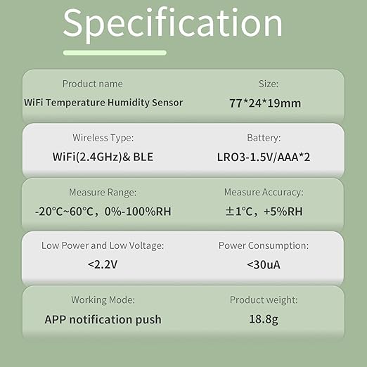 WiFi Temperature Humidity Sensor Smart Hygrometer Thermometer Sensor with APP Remote Monitor and Alert High Precision Indoor Thermometer No Hub Required, Compatible with Alexa Google Assistant