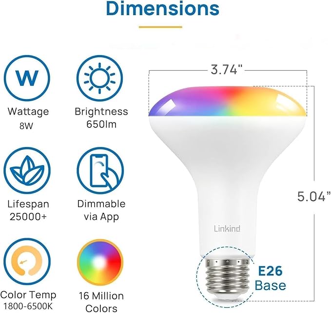 Linkind Matter Smart Light Bulb, BR30 Smart Bulbs, Recessed LED Color Changing Light Bulbs RGBTW, E26 Smart Flood Light Bulbs 650LM 60W Work with Alexa, Apple Home, Google Home, SmartThings, 4Pack