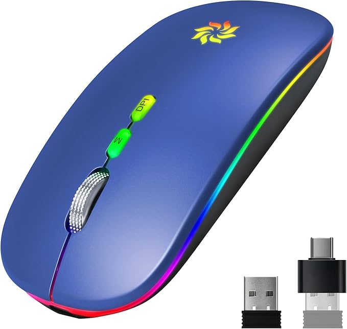 KBCASE Wireless Mouse, LED Wireless Mouse for Laptop, Slim Silent Mouse 2.4G Rechargeable Wireless Computer Mouse for Laptop, MacBook, iPad, Chromebook, with USB & Type-c Receiver