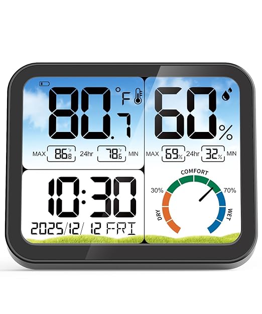 VOCOO Digital Indoor Room Thermometer - 5.8'' Extra Large Display Temperature Humidity Sensor with Accurate Temp Humidity Gauge Monitor, Calibration, Max & Min Records, Comfort, Backlit, Date & Clock