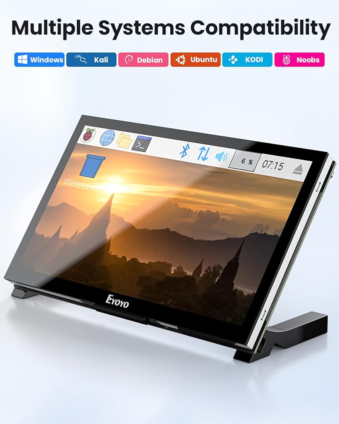 Eyoyo Raspbery Pi Screen 7-inch: 1024×600 LCD Capacitive Touchscreen Monitor with Stand, Mini Portable HDMI Monitors IPS Touch Display for Raspbery Pi 5/4/3/2/Zero, Windows/Linux/Android