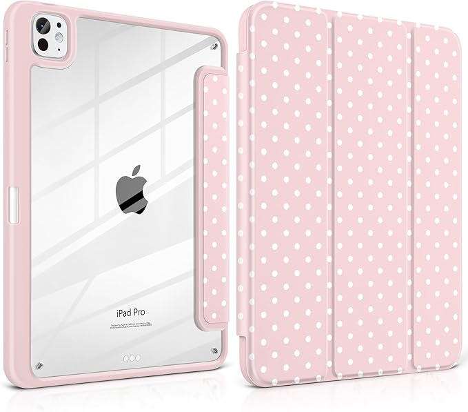 Case for iPad Pro 13 Inch (M5 2025 M4 2024) – [Built-in Pencil Holder], Shockproof & Stylish, Clear Hard Back + Soft TPU Edge, Magnetic Trifold Stand, Auto Wake/Sleep, Pink White dot