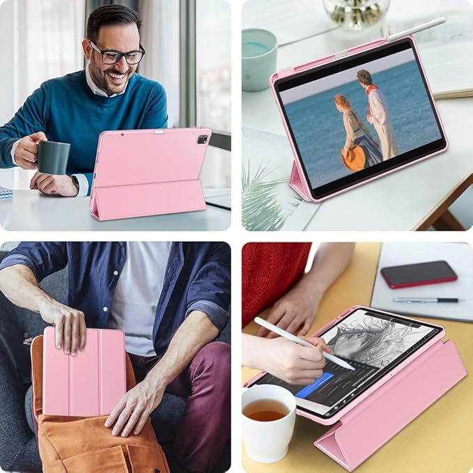 DTTO for iPad Air 13 Inch Case M4/M3/M2 2026/2025/2024, iPad Pro 12.9 Inch Case (6th/5th/4th/3rd Gen), Smart Slim Trifold Stand Soft Cover with Pencil Holder, Pink