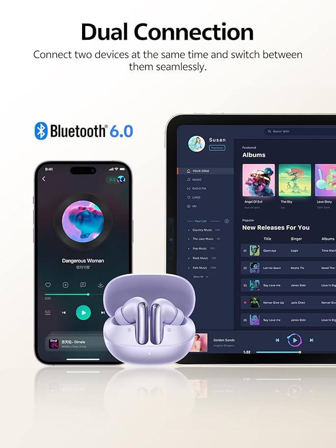 QCY MeloBuds N20 Active Noise Cancelling Wireless Earbuds, 50dB ANC Headphones with 6 Mics ENC Clear Call, 13mm Dynamic Driver, 40H Battery Life, Bluetooth 6.0 (Purple)